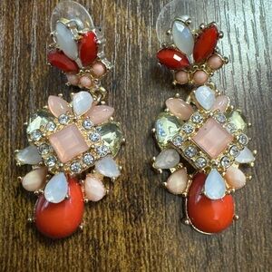 Gold Tone Pink Rhinestone Large Dangle Drop Earrings Cocktail Statement Sparkle